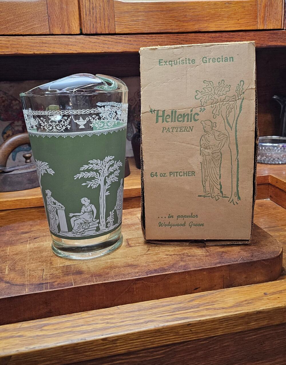 Vintage Jeannette Glass Hellenic Green Ice Lip Pitcher in Original Box MCM Greek